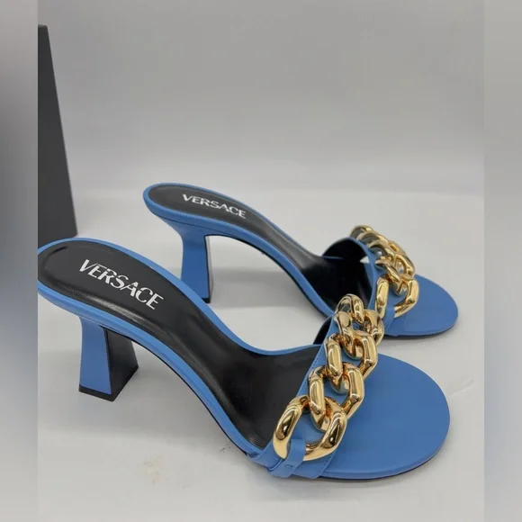 VERSACE Curb LinkBlock Heel Leather Mules - Picture 9 of 14
